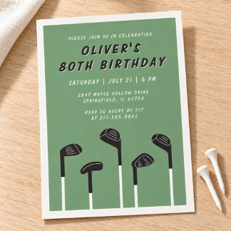 Invitation Classique Vert Sauge Moderne Golf Anniversaire 80