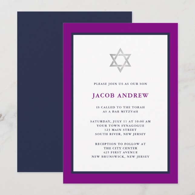 Invitation Classique violet et bleu foncé | Bar Mitzvah (Devant / Derrière)