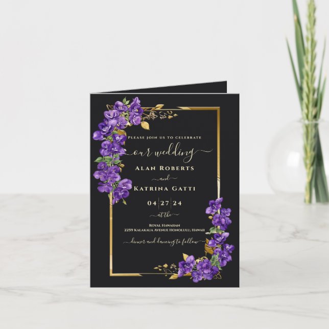 Invitation Classique Violet Noir Floral Cadre Doré Plié (Devant)