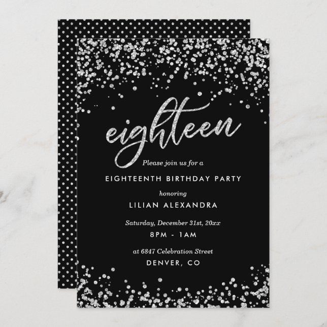 Invitation Classy 18th Birthday Invitation, Sparkly Confetti (Devant / Derrière)