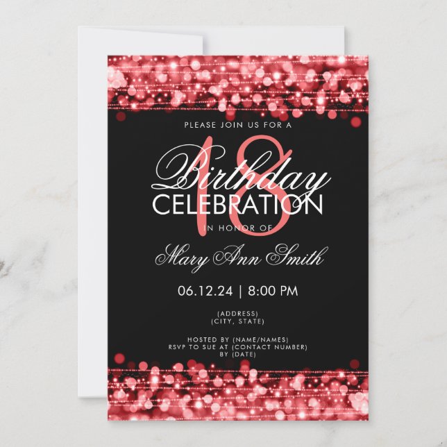 Invitation Classy 18th Birthday Party étincelles Rouge (Devant)