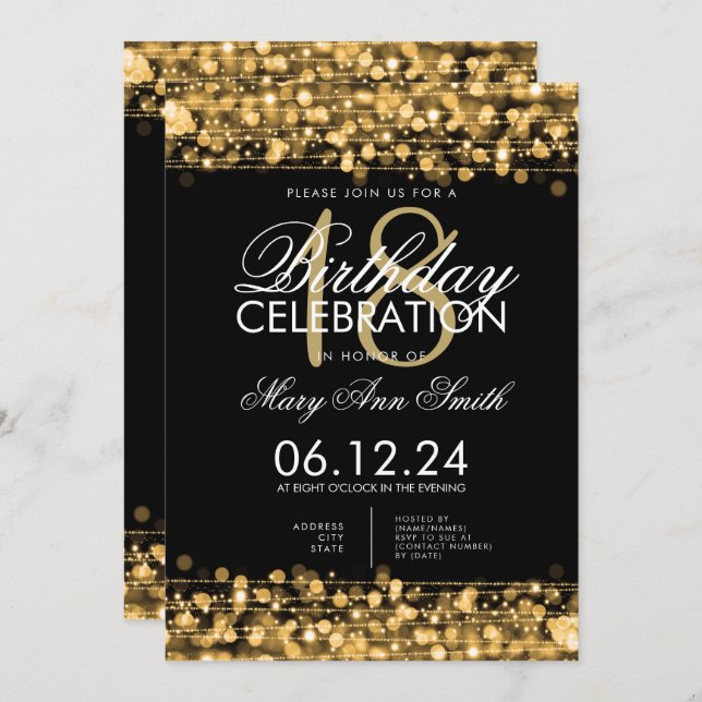 Invitation Classy 18th Birthday Party Sparkles Gold (Devant / Derrière)