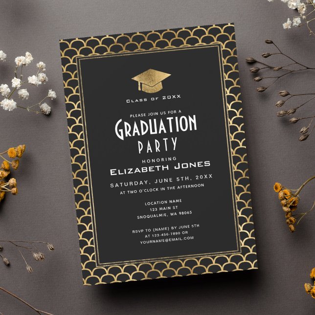Invitation Classy Black and Gold Art Deco Graduation Party (Créateur téléchargé)