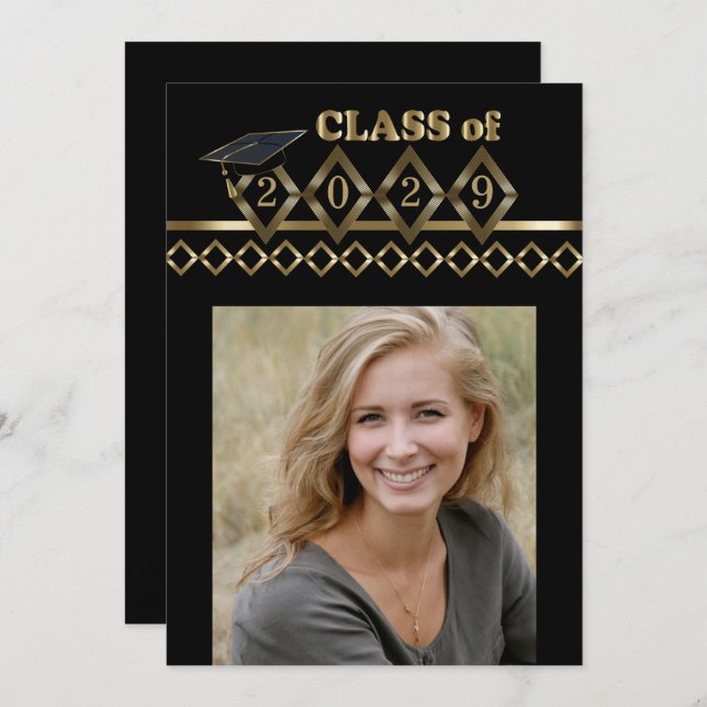 Invitation Classy Black and Gold Photo Graduation (Devant / Derrière)