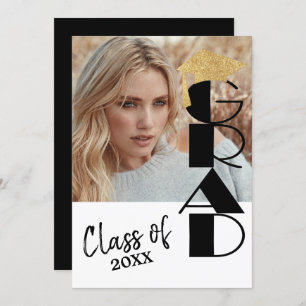 Invitation Classy Black and Gold Photo Graduation