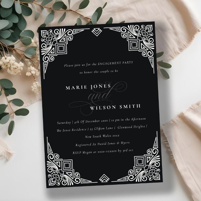 Invitation Classy Black and White Art Deco Ornate Engagement (Créateur téléchargé)