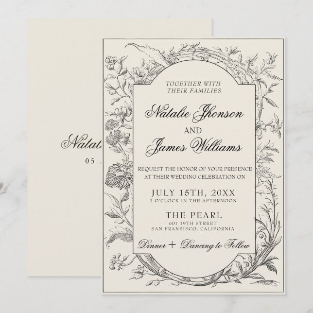 Invitation Classy Black Cream Floral Boho Botanical Wedding (Devant / Derrière)