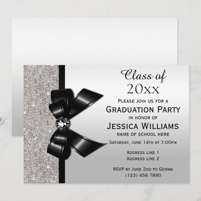 Invitation Classy Black Gem Bow, Silver Sequins Graduation (Devant / Derrière)