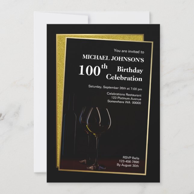 Invitation Classy Black Gold Parties scintillant 100e anniver (Devant)