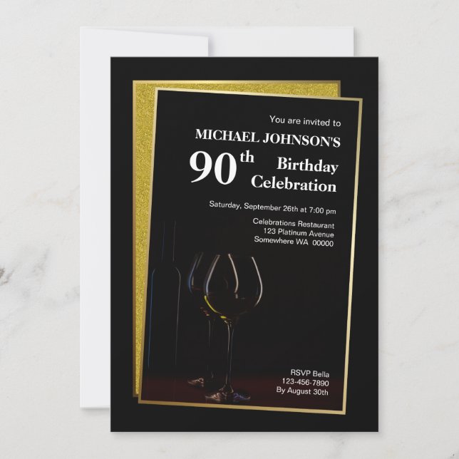 Invitation Classy Black Gold Parties scintillant 90e annivers (Devant)