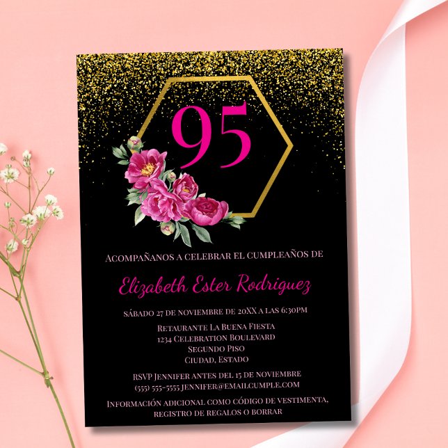 Invitation Classy Black Gold & Pink 95e anniversaire (Créateur téléchargé)