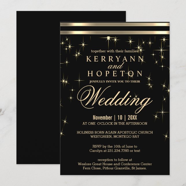 Invitation Classy Black & Gold Starlight avec Bars Invitatiat (Devant / Derrière)