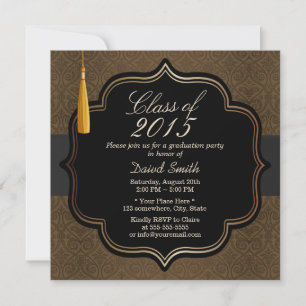 Invitation Classy Black Ribbon Brown Damask Graduation Party