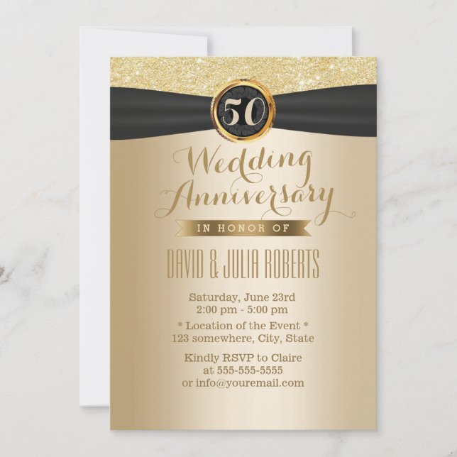 Invitation Classy Black Ribbon Gold 50e anniversaire Mariage (Devant)