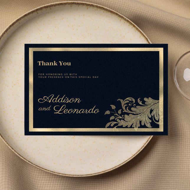 Invitation Classy bleu marine or Merci de dentelle fleurie (Classy navy blue gold floral lace Thank You )