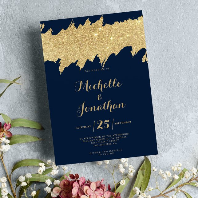 Invitation Classy bleu marine or parties scintillant brushstr (Classy navy blue gold glitter brushstrokes wedding)