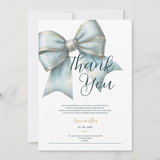 Invitation classy blue bow bridal shower thank you card (Devant)