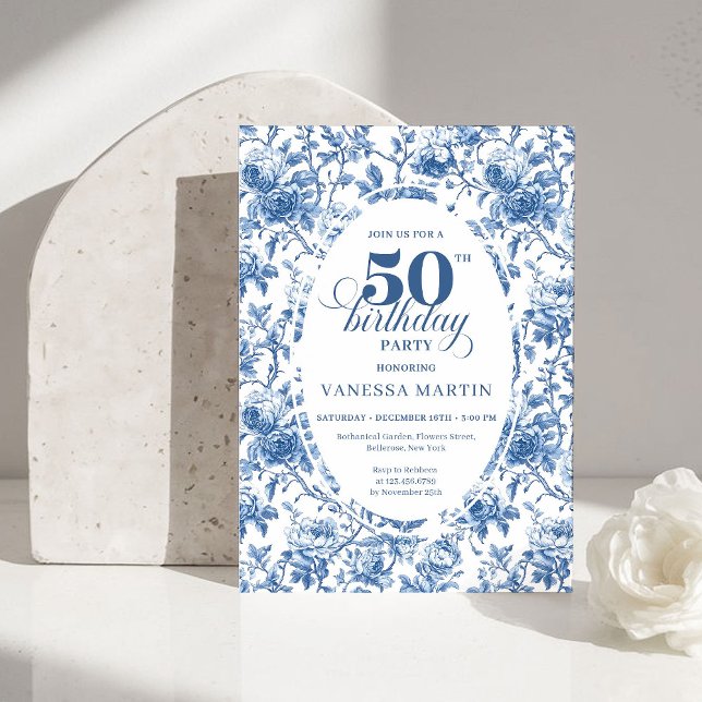 Invitation Classy Blue Toile de Jouy Floral 50th Birthday  (Classy Blue Toile de Jouy Floral 50th Birthday Invite)