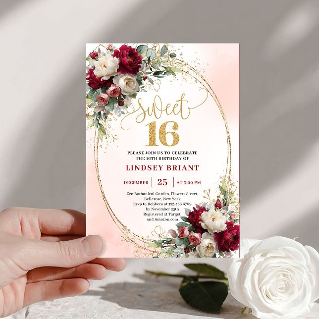 Invitation Classy Boho Merlot Gold Floral Sweet Sixteen  (Classy Boho Merlot Gold Floral Sweet Sixteen Invite)