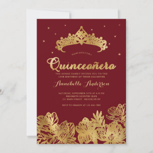 Invitation Classy Burgundy Rouge or Quinceañera Floral Tiara