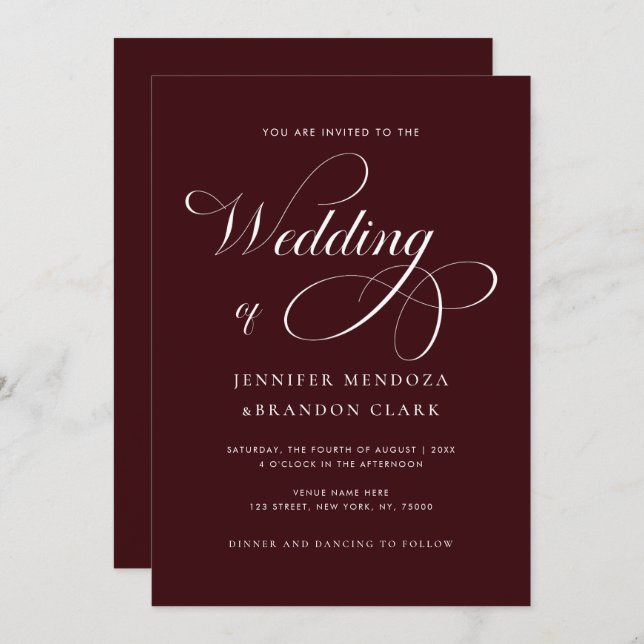 Invitation Classy Calligraphy Burgundy All in One Wedding (Devant / Derrière)