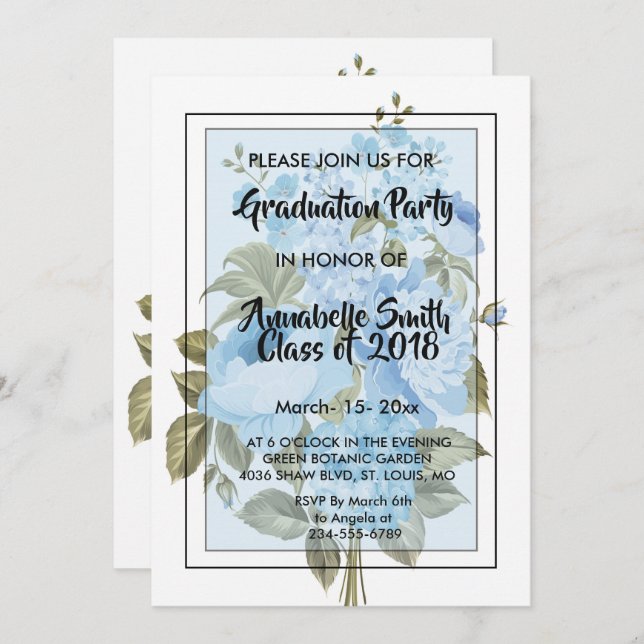 Invitation Classy Chic bleu floral Graduation (Devant / Derrière)