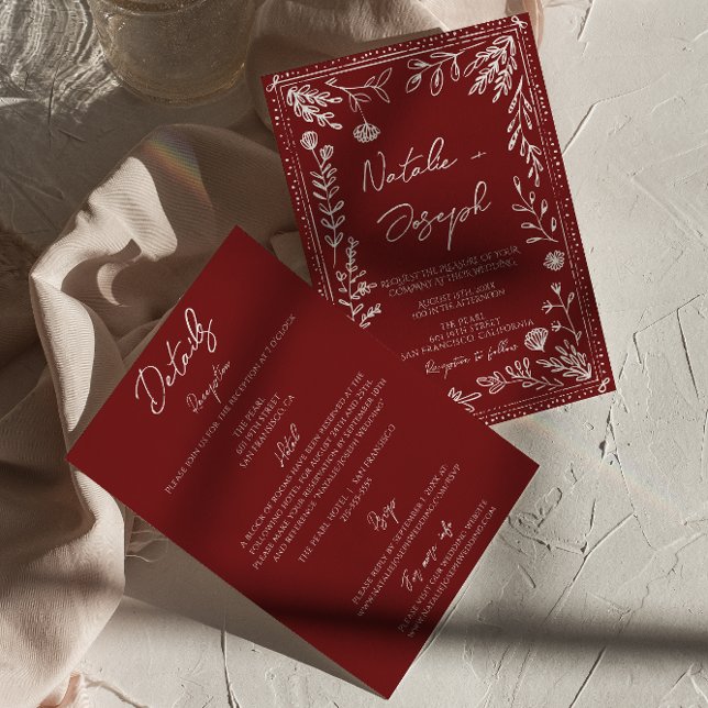 Invitation Classy Deep Red Blue Floral All In One Wedding (Créateur téléchargé)