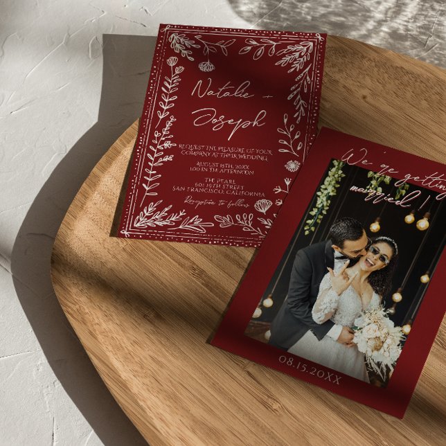 Invitation Classy Deep Red Blue Floral Modern Photo Wedding  (Créateur téléchargé)