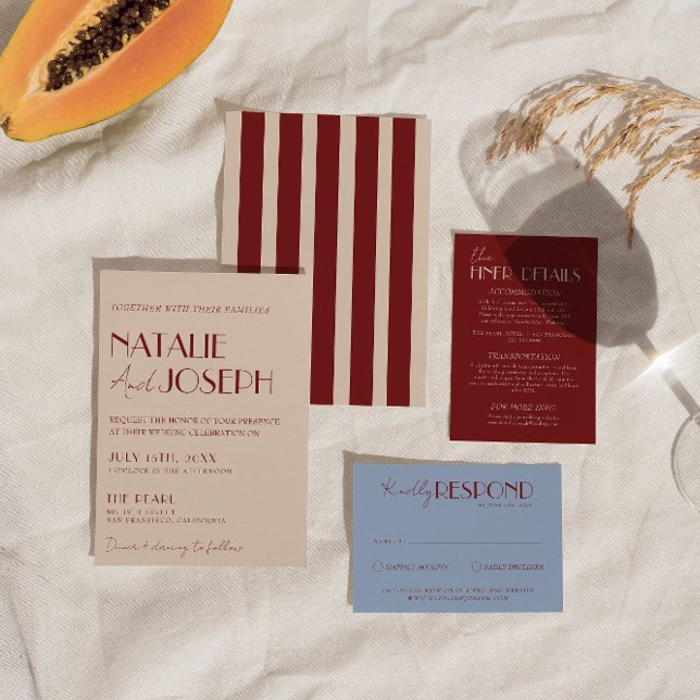 Invitation Classy Deep Red Blue Whimsical Modern Wedding (Créateur téléchargé)