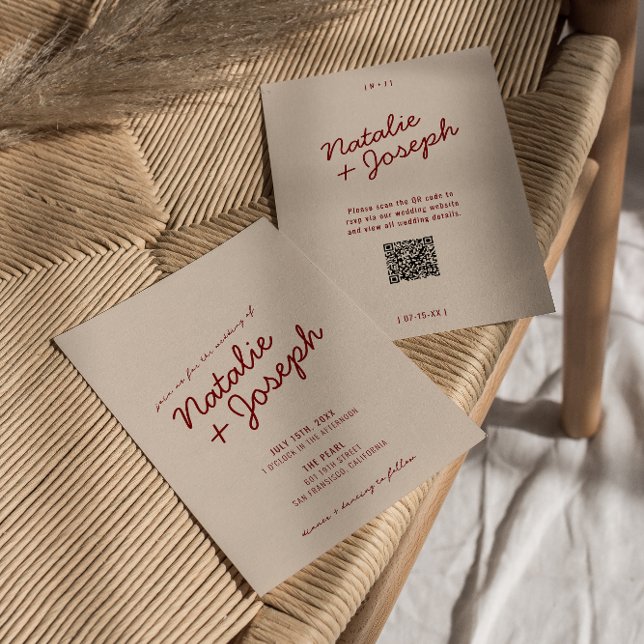 Invitation Classy Deep Red Blue Whimsical QR Code Wedding (Créateur téléchargé)
