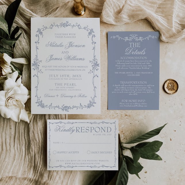 Invitation Classy Dusty Blue Floral Boho Botanical Wedding (Créateur téléchargé)