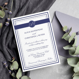 Invitation Classy Elegant Marine Blanc Monogramme Mariage
