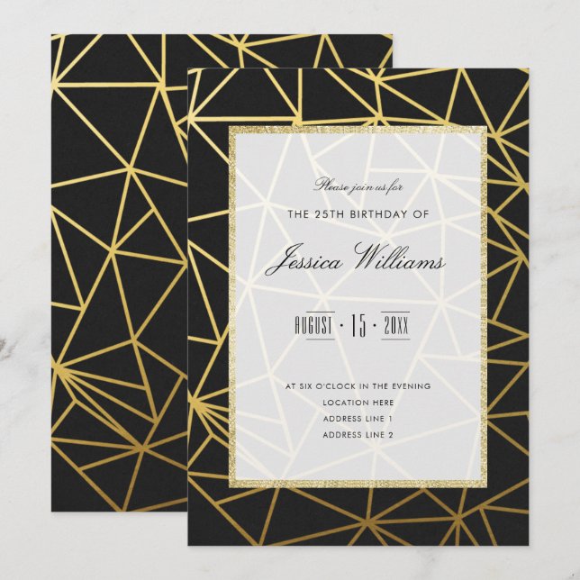 Invitation Classy Gold & Black 25th Birthday Party (Devant / Derrière)