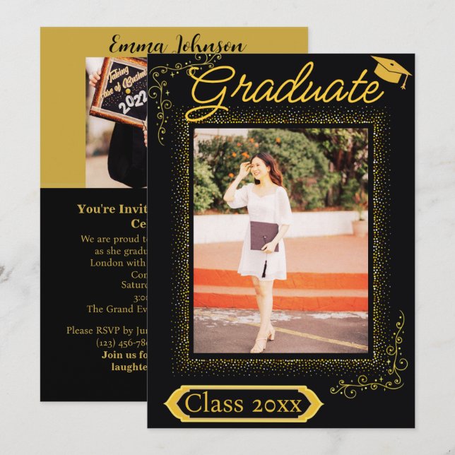 Invitation Classy Gold & Black Vertical Photo Graduation (Devant / Derrière)