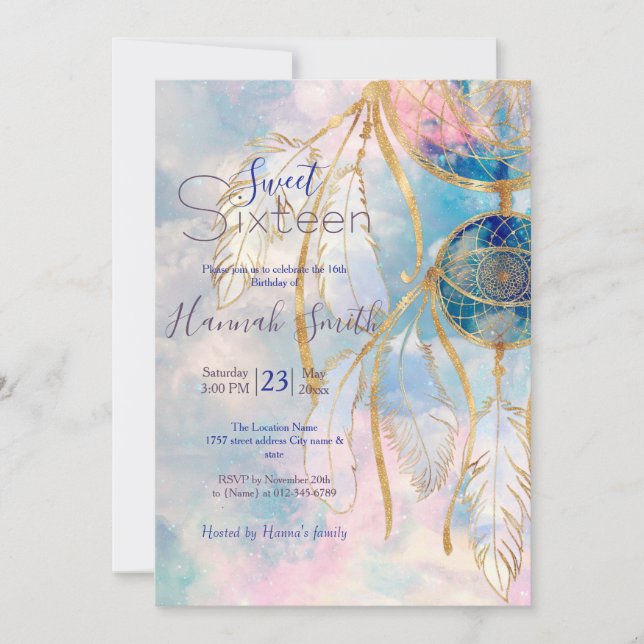 Invitation Classy Gold Dreamcatcher Rainbow Clouds Sky design (Devant)