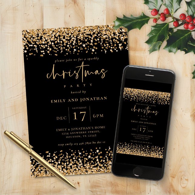 Invitation Classy Gold Faux Parties scintillant Noël Noir (Créateur téléchargé)