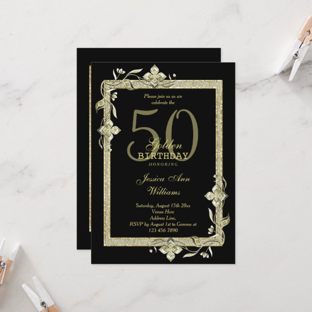 Invitation Classy Gold Gem & Glitter 50th Golden Birthday (Devant/Arrière en situation)