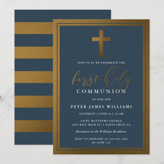 Invitation Classy Gold & Navy Blue First Holy Communion (Devant / Derrière)