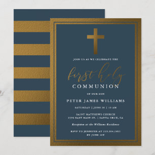 Invitation Classy Gold & Navy Blue First Holy Communion