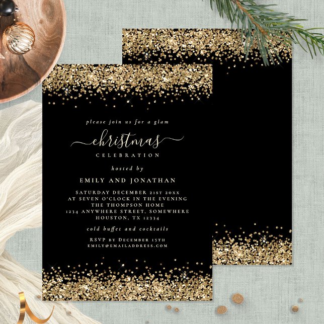 Invitation Classy Gold Parties scintillant Black Christmas Pa (Front and back view)