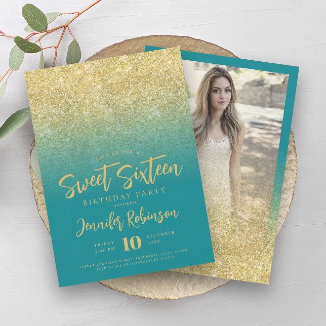 Invitation Classy Gold Turquoise Parties scintillant Photo Sw (Classy Gold Turquoise Glitter Photo Sweet 16 Invitation)