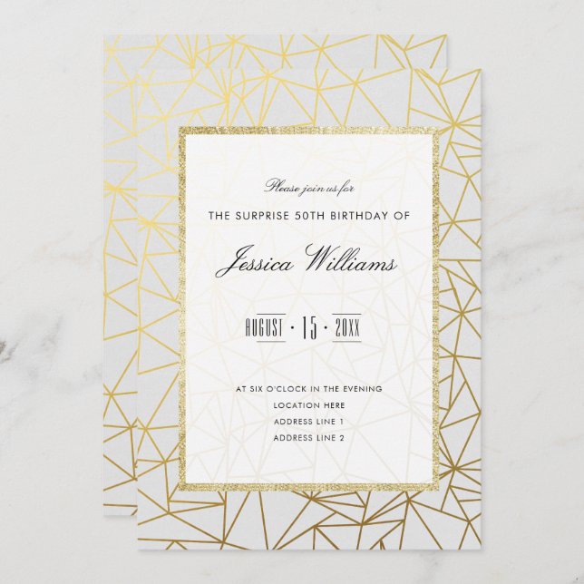 Invitation Classy Gold & White Surprise 50e fête d'anniversai (Devant / Derrière)