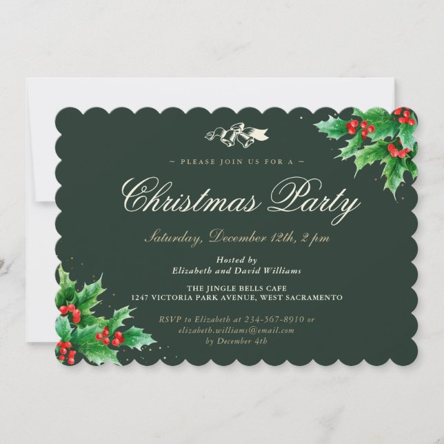 Invitation Classy Green Holly Berries Noël (Devant)
