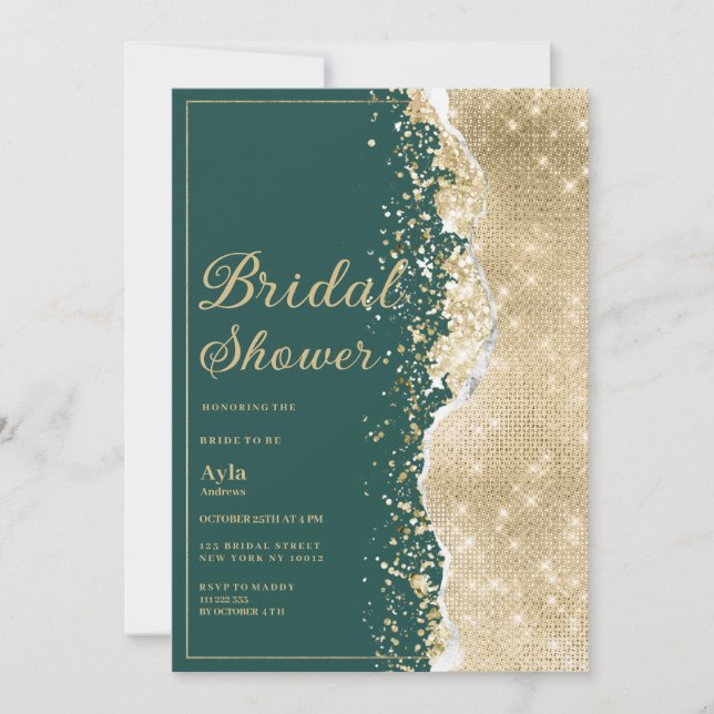 Invitation Classy luxury green gold glitter Bridal Shower (Devant)