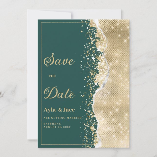 Invitation Classy luxury green gold glitter Save the Date  (Devant)