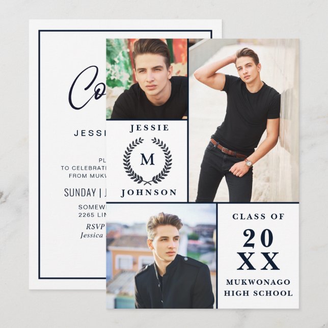 Invitation Classy Modern Script 3 PHOTO Graduation Party (Devant / Derrière)