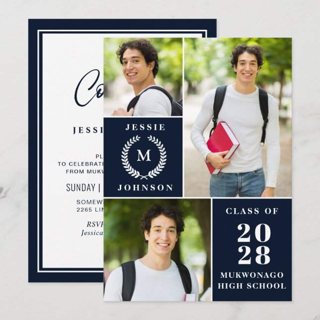 Invitation Classy Modern Simple 3 PHOTO Graduation Party (Devant / Derrière)