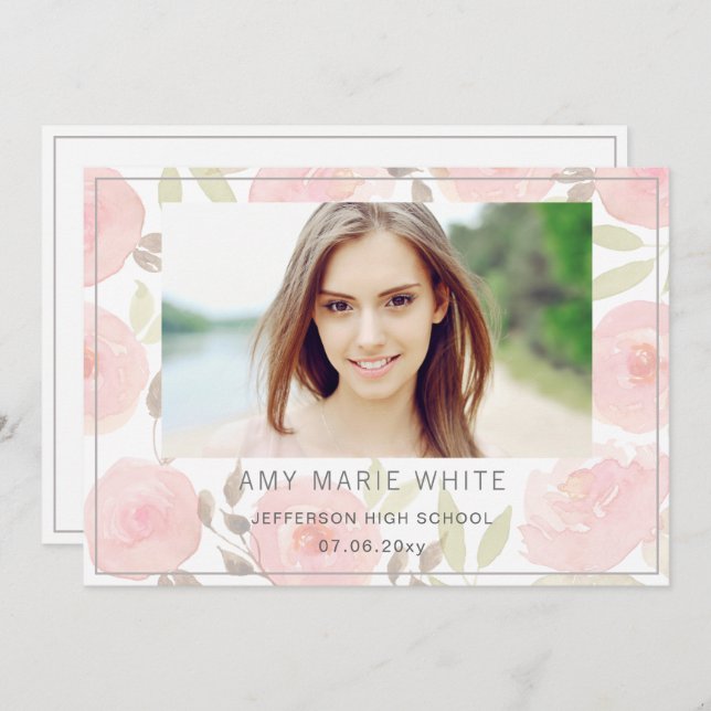 Invitation Classy Moderne Rose Floral Photo Graduation (Devant / Derrière)
