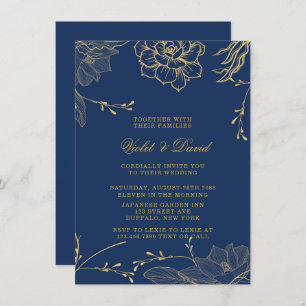 Invitation Classy Navy Blue et Gold Florals Mariage Invitati