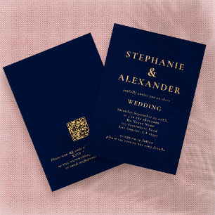 Invitation Classy Navy Blue Gold Texte QR Code Mariage